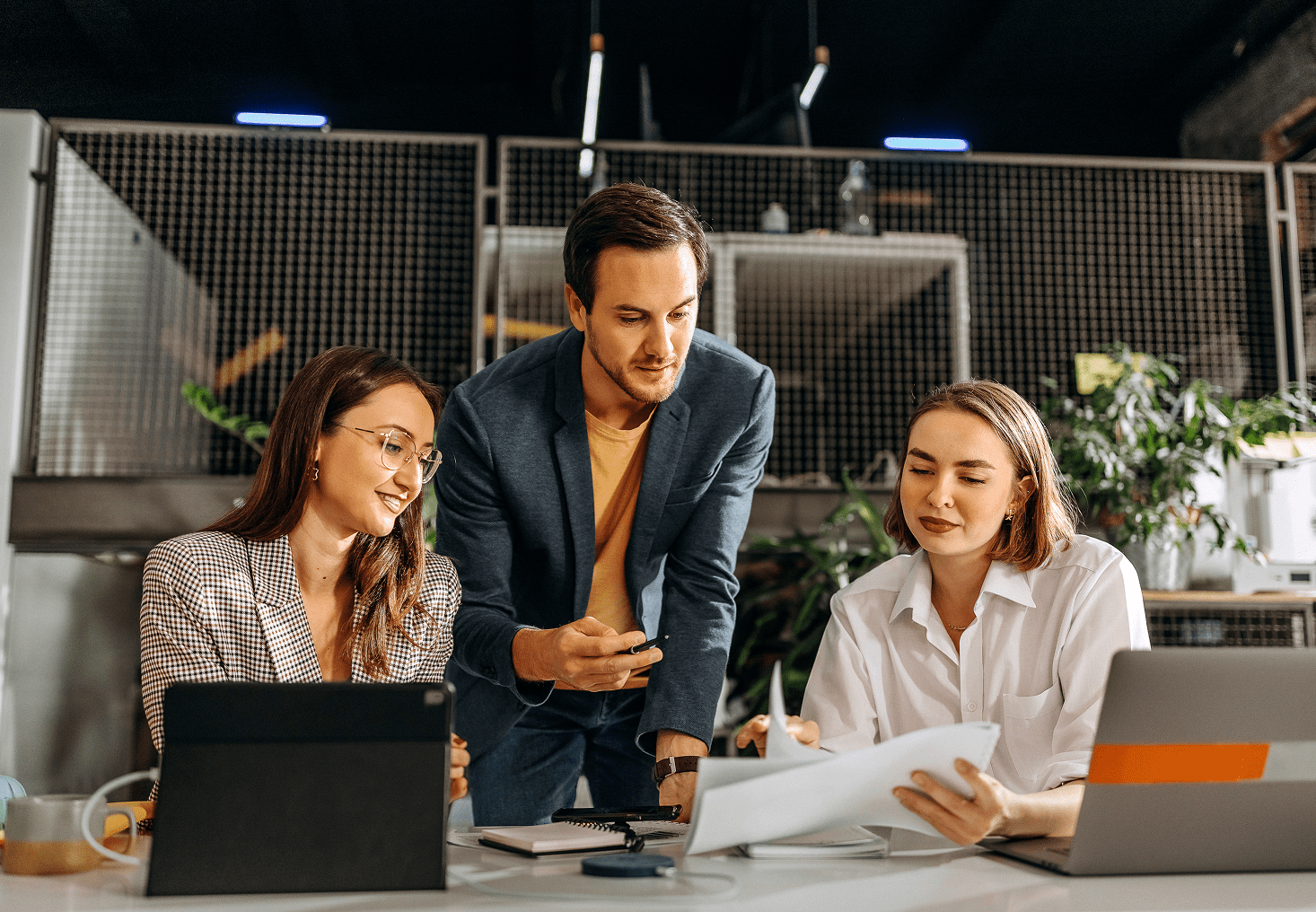 Team discussing project in modern office